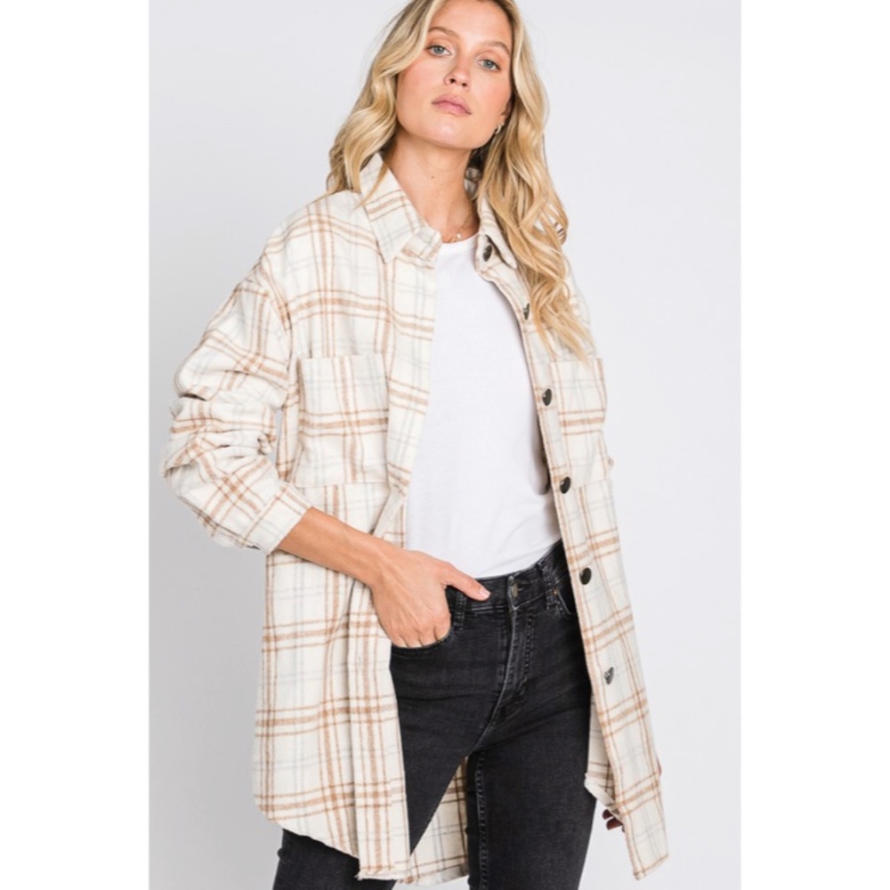 SOLD OUT Beige Plaid Flannel Oversized Shacket Shirt Jacket - Picture 5 of 9